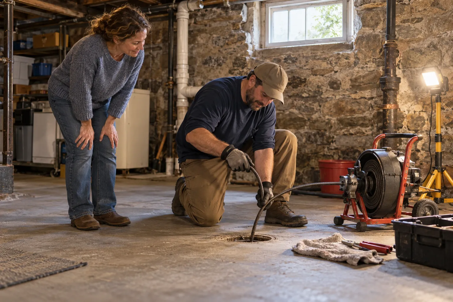 A drain cleaning provider using a cable machine at a basement floor drain in a Gloucester home