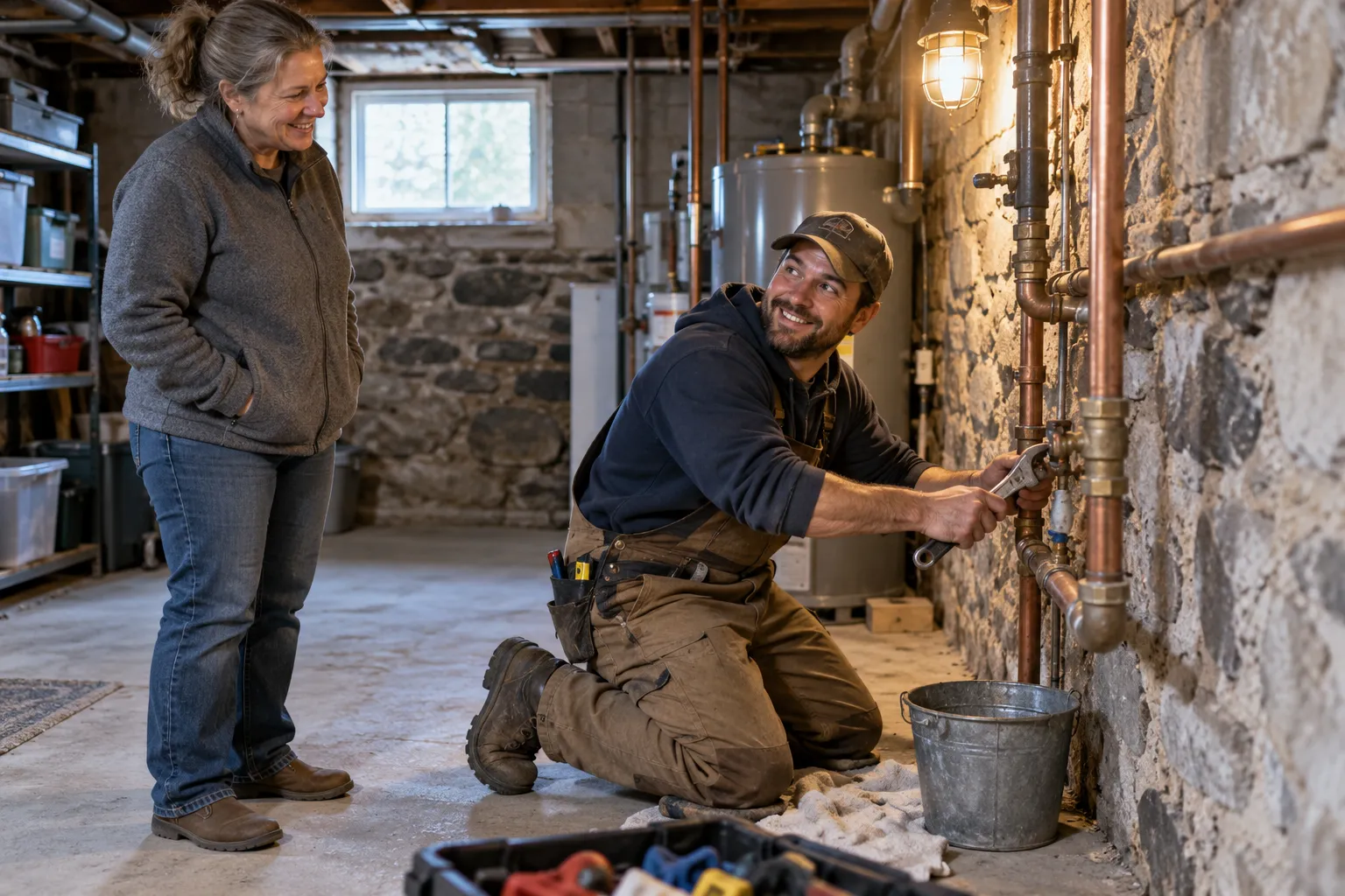 Friendly local plumbing provider checking a pipe in a Gloucester basement while a homeowner looks on