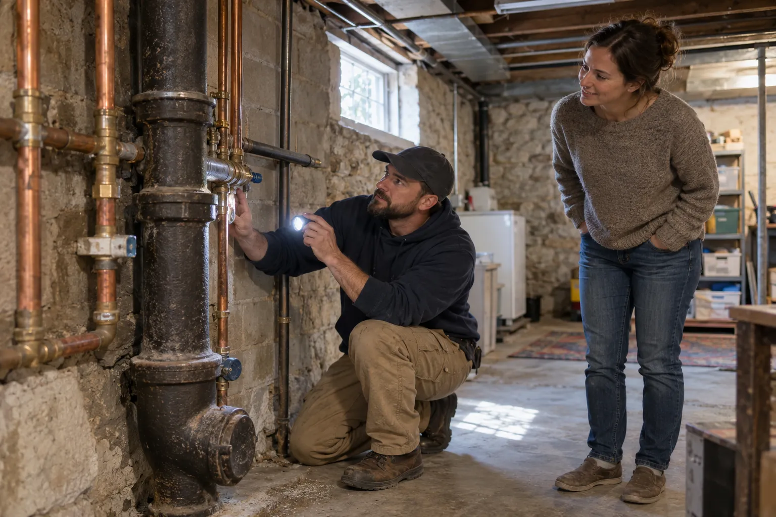 A local plumbing provider checking a pipe in a home basement in Gloucester