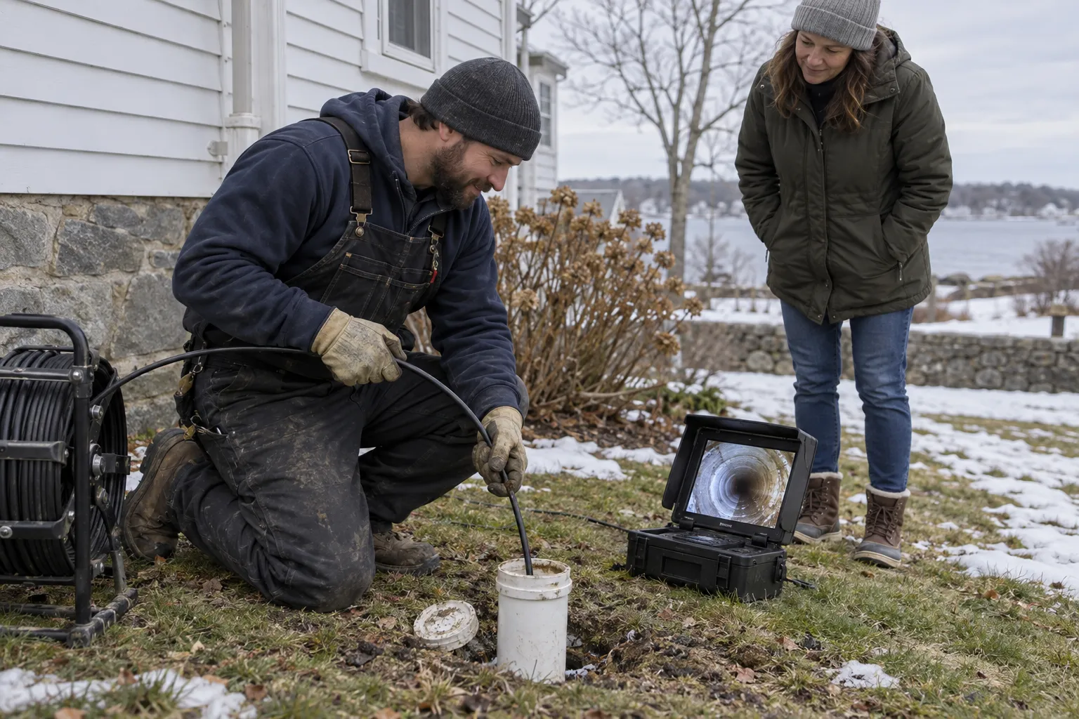 A local plumbing provider guiding a sewer inspection camera into a cleanout beside a home in Gloucester
